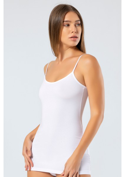 915 Kadın Likralı Pamuklu Uzun Askılı Atlet-Beyaz