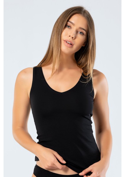 913 Kadın Likralı Pamuklu V Yaka Atlet-Siyah