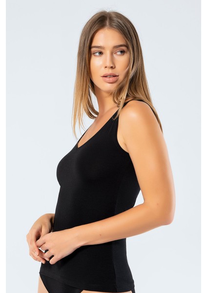 913 Kadın Likralı Pamuklu V Yaka Atlet-Siyah modelleri