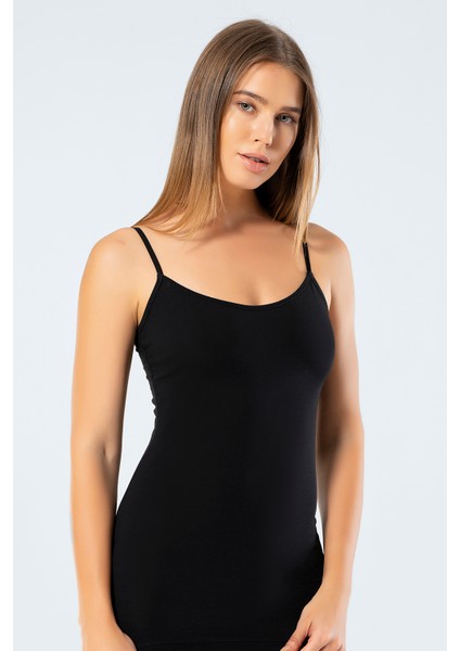 915 Kadın Likralı Pamuklu Uzun Askılı Atlet-Siyah