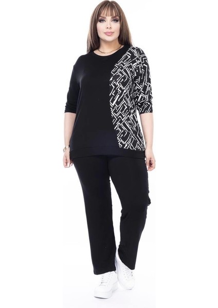 Kadın Alt-Üst Uzun 2'li Likralı Cep Detay Geometrik Desen Siyah Beyaz Penye Takım