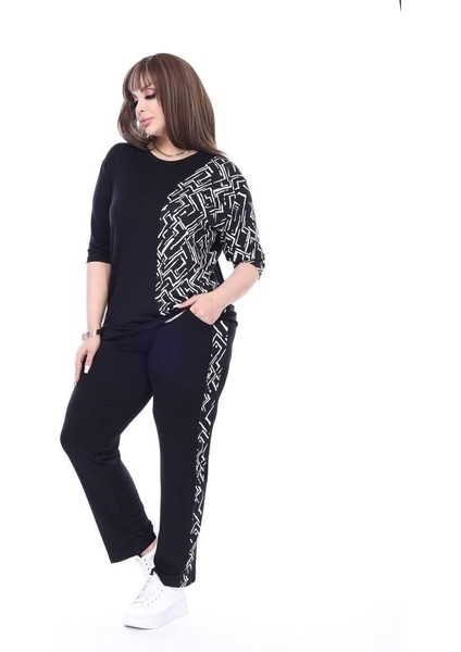 Kadın Alt-Üst Uzun 2'li Likralı Cep Detay Geometrik Desen Siyah Beyaz Penye Takım fiyatları