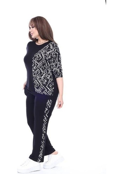 Kadın Alt-Üst Uzun 2'li Likralı Cep Detay Geometrik Desen Siyah Beyaz Penye Takım modelleri