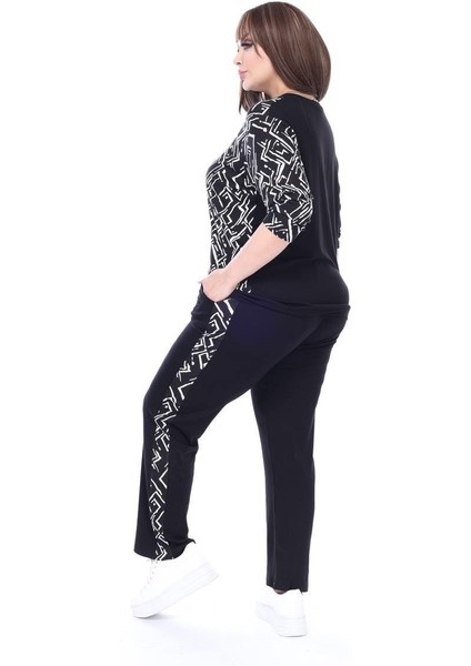 Kadın Alt-Üst Uzun 2'li Likralı Cep Detay Geometrik Desen Siyah Beyaz Penye Takım fırsatları