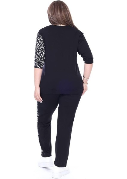 Kadın Alt-Üst Uzun 2'li Likralı Cep Detay Geometrik Desen Siyah Beyaz Penye Takım indirimleri