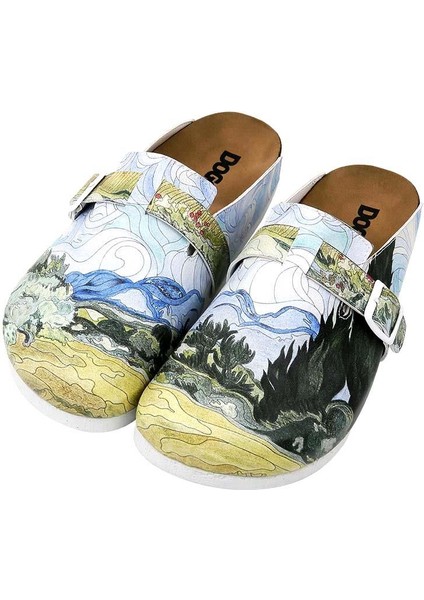 Kadın Vegan Deri Çok Renkli Terlik - Vincent Van Gogh A Wheat Field With Cypresses Tasarım