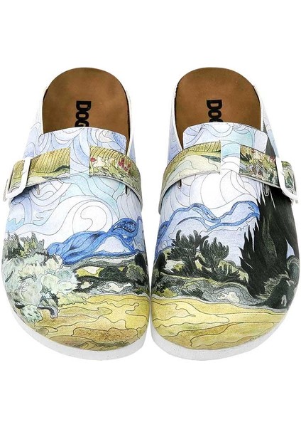 Kadın Vegan Deri Çok Renkli Terlik - Vincent Van Gogh A Wheat Field With Cypresses Tasarım fiyatları