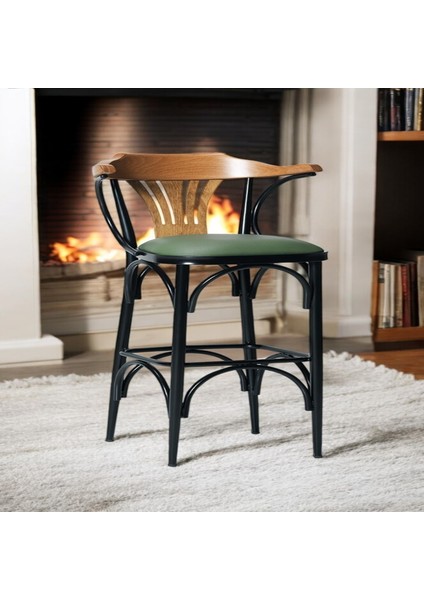 Bar Sandalyesi Yeşil-Kahve Renkli 169 / 75 cm - Oturma Yüksekliği 75 cm - Metal İskelet - Deri Oturum - Ahşap Sırt ve Kolçak