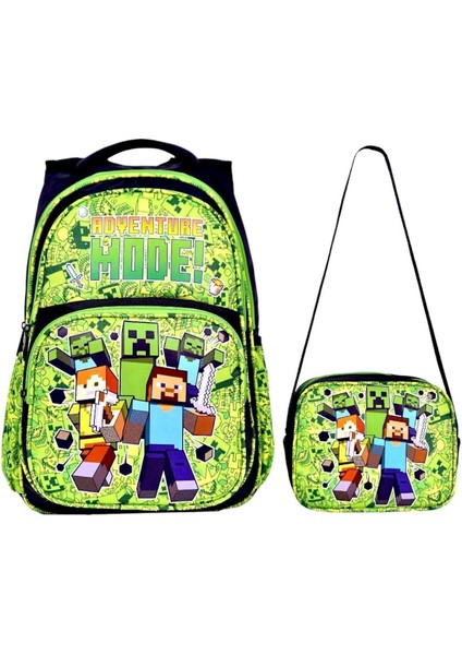 Yeşil Baskılı, Su Geçirmez, Ortopedik Sırt Özellikli, Ilkokul Çantası + Beslenme Çantası