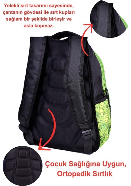 Yeşil Baskılı, Su Geçirmez, Ortopedik Sırt Özellikli, Ilkokul Çantası + Beslenme Çantası modelleri