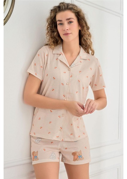 Kadın Kısa Kol Önden Düğmeli Ayıcık Desen Şortlu Bej Pijama Takımı 70115-858