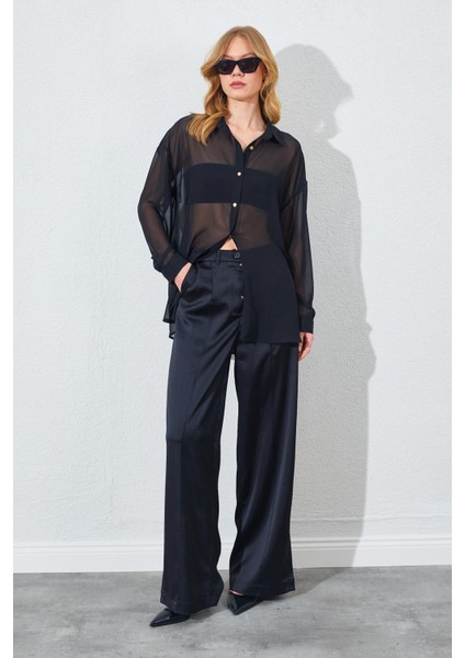 Kadın Siyah Şifon Bluz Saten Pantolon Takım