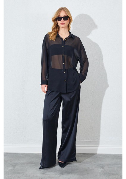 Kadın Siyah Şifon Bluz Saten Pantolon Takım fiyatları