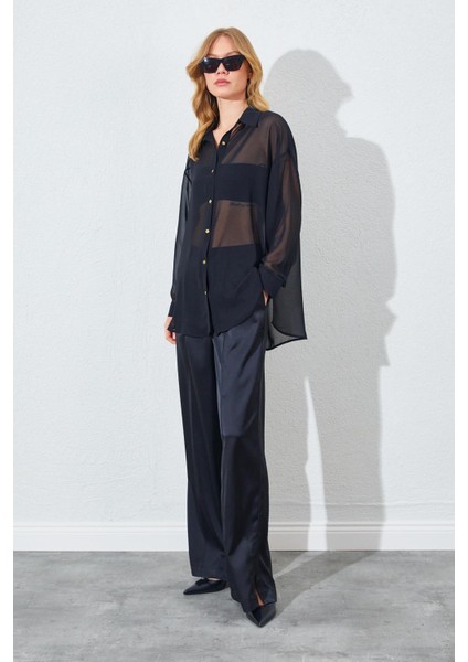 Kadın Siyah Şifon Bluz Saten Pantolon Takım modelleri