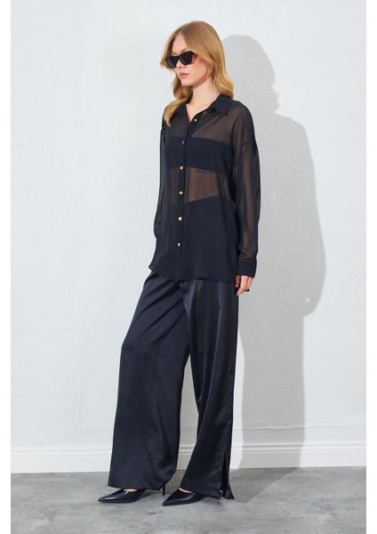 Kadın Siyah Şifon Bluz Saten Pantolon Takım fırsatları
