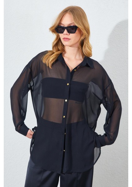 Kadın Siyah Şifon Bluz Saten Pantolon Takım indirimleri