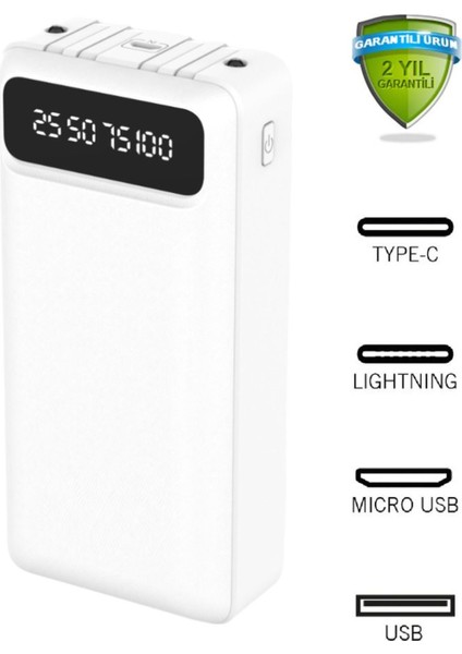Ensiga LCD Göstergeli Dahili Kablolu 30.000 Mah Fenerli Telefon Tutuculu Powerbank Beyaz