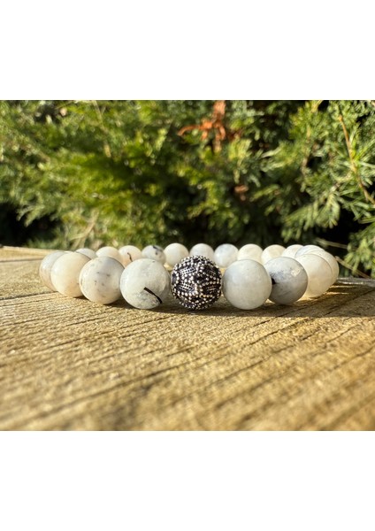 Ay, Gümüş Bileklik - Agathe White Bileklik - 8mm Esnek Ayarlanabilir