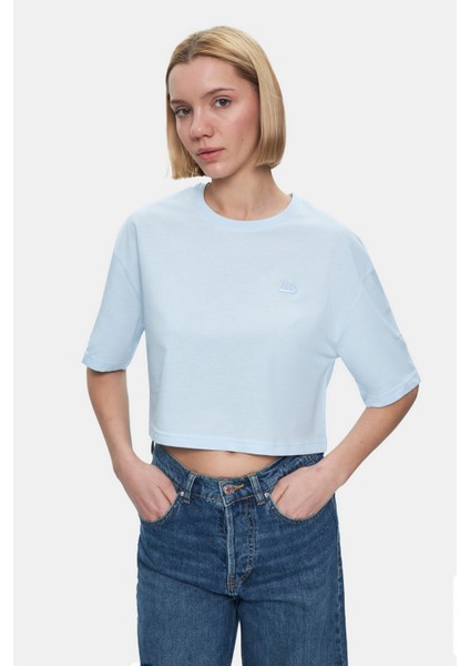 Indıana Gök Mavi Bisiklet Yaka Crop Baskılı Loose Fit Kadın Tshirt