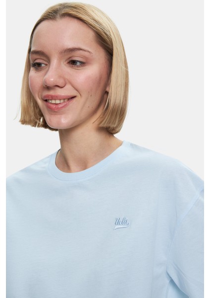 Indıana Gök Mavi Bisiklet Yaka Crop Baskılı Loose Fit Kadın Tshirt