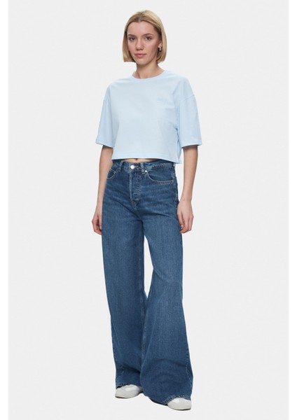 Indıana Gök Mavi Bisiklet Yaka Crop Baskılı Loose Fit Kadın Tshirt