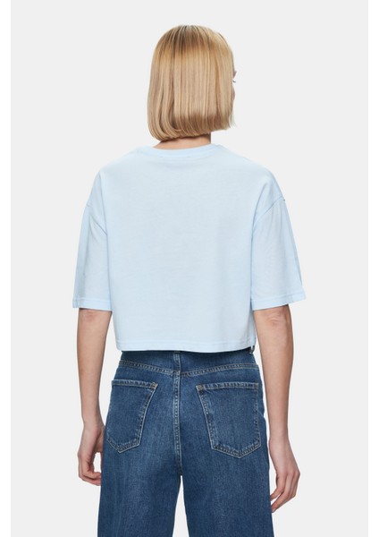 Indıana Gök Mavi Bisiklet Yaka Crop Baskılı Loose Fit Kadın Tshirt