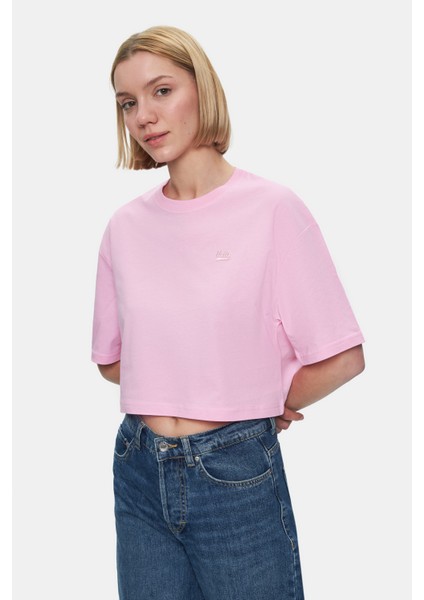 Indıana Gök Mavi Bisiklet Yaka Crop Baskılı Loose Fit Kadın Tshirt