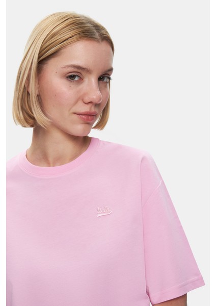 Indıana Gök Mavi Bisiklet Yaka Crop Baskılı Loose Fit Kadın Tshirt