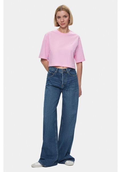Indıana Gök Mavi Bisiklet Yaka Crop Baskılı Loose Fit Kadın Tshirt
