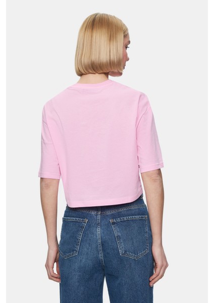 Indıana Gök Mavi Bisiklet Yaka Crop Baskılı Loose Fit Kadın Tshirt