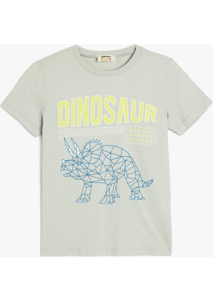 Dinozor Baskılı Bisiklet Yaka Kısa Kollu Pamuklu Tişört