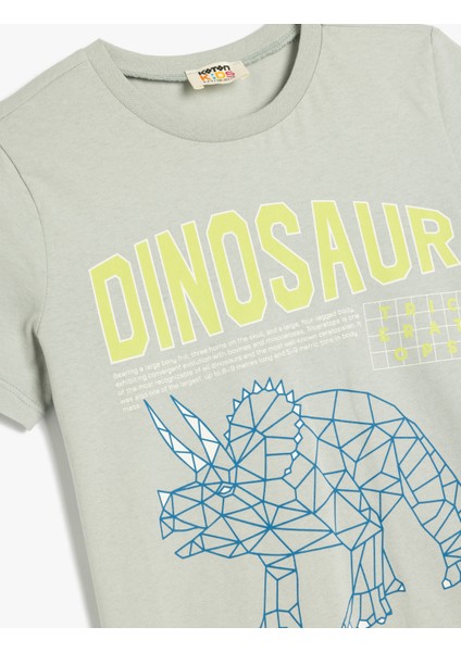 Dinozor Baskılı Bisiklet Yaka Kısa Kollu Pamuklu Tişört modelleri