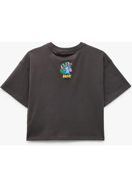 Pamuklu Bisiklet Yaka Kısa Kollu Lisanslı Simli Stitch Baskılı Tişört