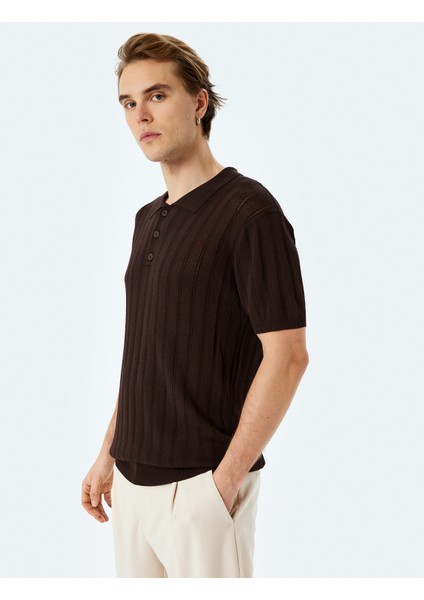 Polo Yaka Düğme Detaylı Viskon Karışımlı Dokulu Kısa Kollu Triko Tişört fiyatları