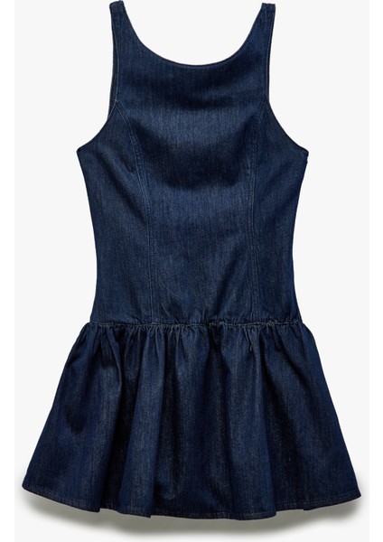 Pamuklu Kolsuz Bisiklet Yaka Volanlı Denim Elbise modelleri
