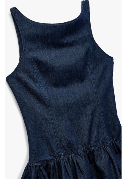 Pamuklu Kolsuz Bisiklet Yaka Volanlı Denim Elbise indirimleri