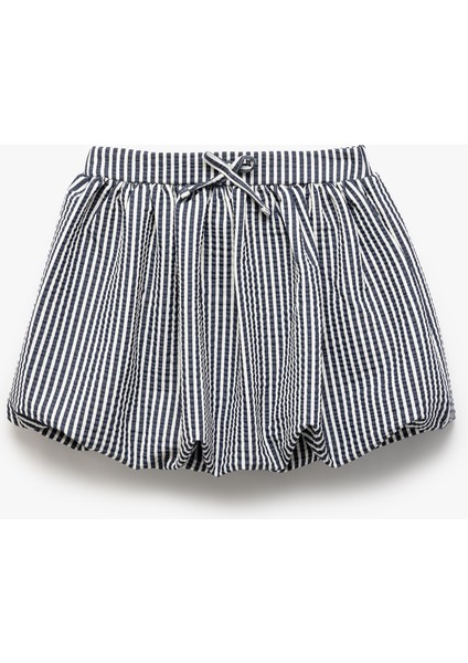 Viskon Karışımlı Fiyonklu Beli Bağcıklı Çizgili Mini Balon Etek