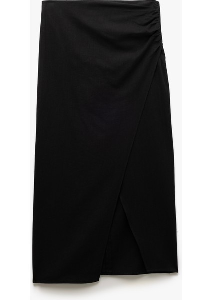 Asimetrik Kesim Drapeli Yırtmaçlı Midi Kalem Etek