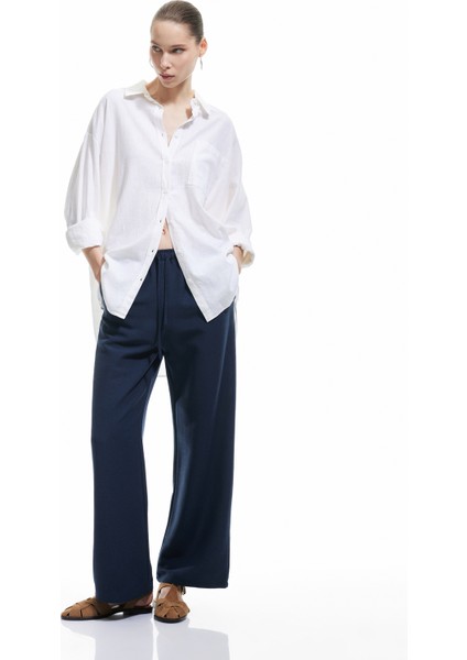 Yüksek Bel Bağcıklı Keten Karışımlı Cep Detaylı Pantolon