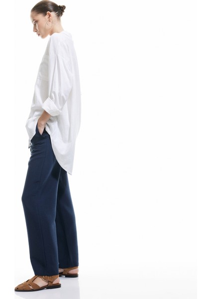 Yüksek Bel Bağcıklı Keten Karışımlı Cep Detaylı Pantolon fiyatları