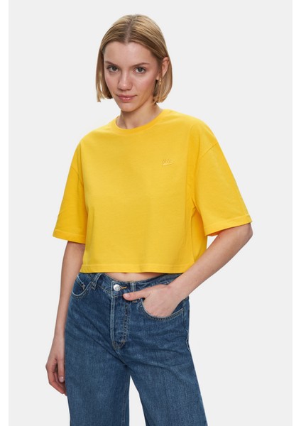 Indıana Gök Mavi Bisiklet Yaka Crop Baskılı Loose Fit Kadın Tshirt