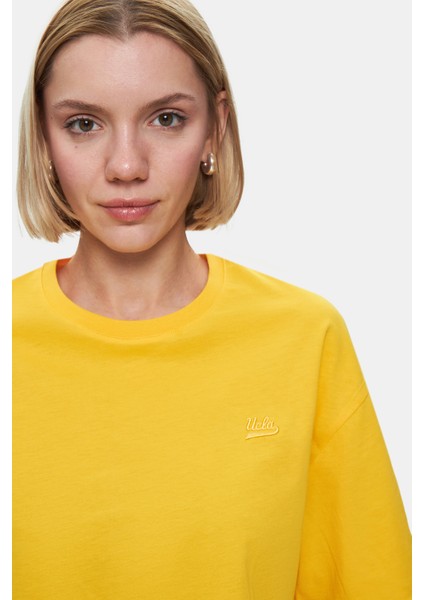 Indıana Gök Mavi Bisiklet Yaka Crop Baskılı Loose Fit Kadın Tshirt