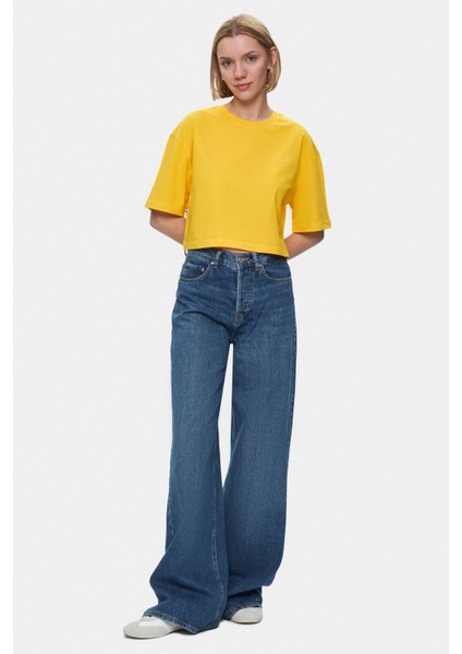 Indıana Gök Mavi Bisiklet Yaka Crop Baskılı Loose Fit Kadın Tshirt