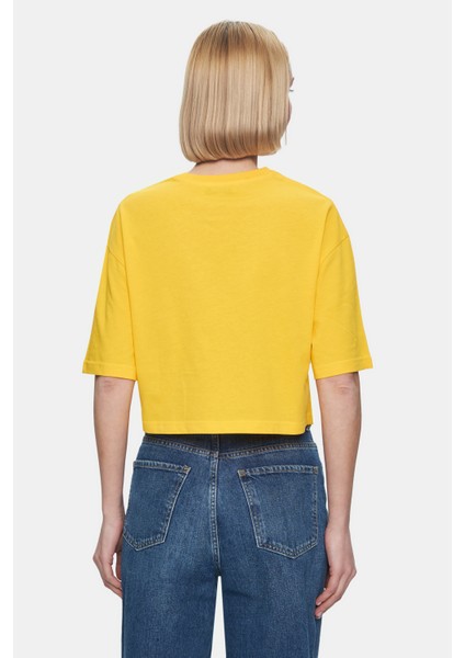Indıana Gök Mavi Bisiklet Yaka Crop Baskılı Loose Fit Kadın Tshirt
