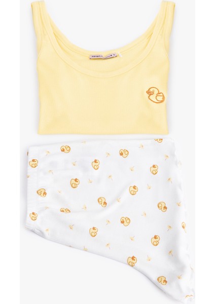 Viskon Kumaş Ördek Baskılı Askılı Şortlu Pijama Takımı