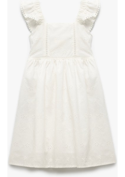 Pamuklu Brodeli Kare Yaka Askılı Elbise