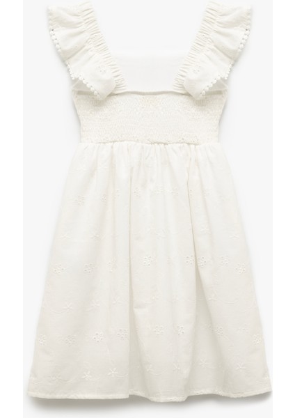 Pamuklu Brodeli Kare Yaka Askılı Elbise fiyatları