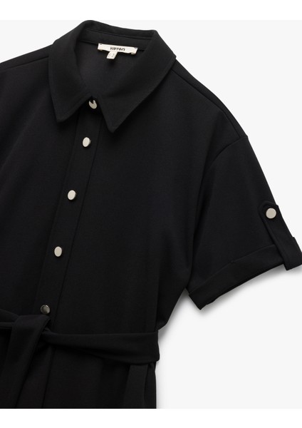 Krep Scuba Kumaş Kuşak Detaylı Düğmeli Kısa Kollu Polo Yaka Mini Elbise modelleri