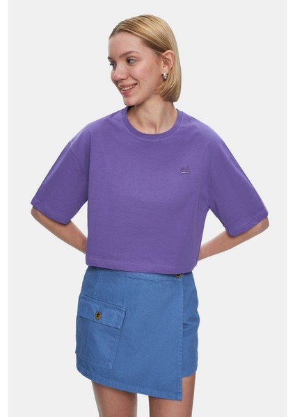 Indıana Gök Mavi Bisiklet Yaka Crop Baskılı Loose Fit Kadın Tshirt