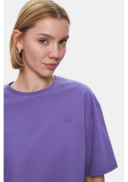 Indıana Gök Mavi Bisiklet Yaka Crop Baskılı Loose Fit Kadın Tshirt fiyatları